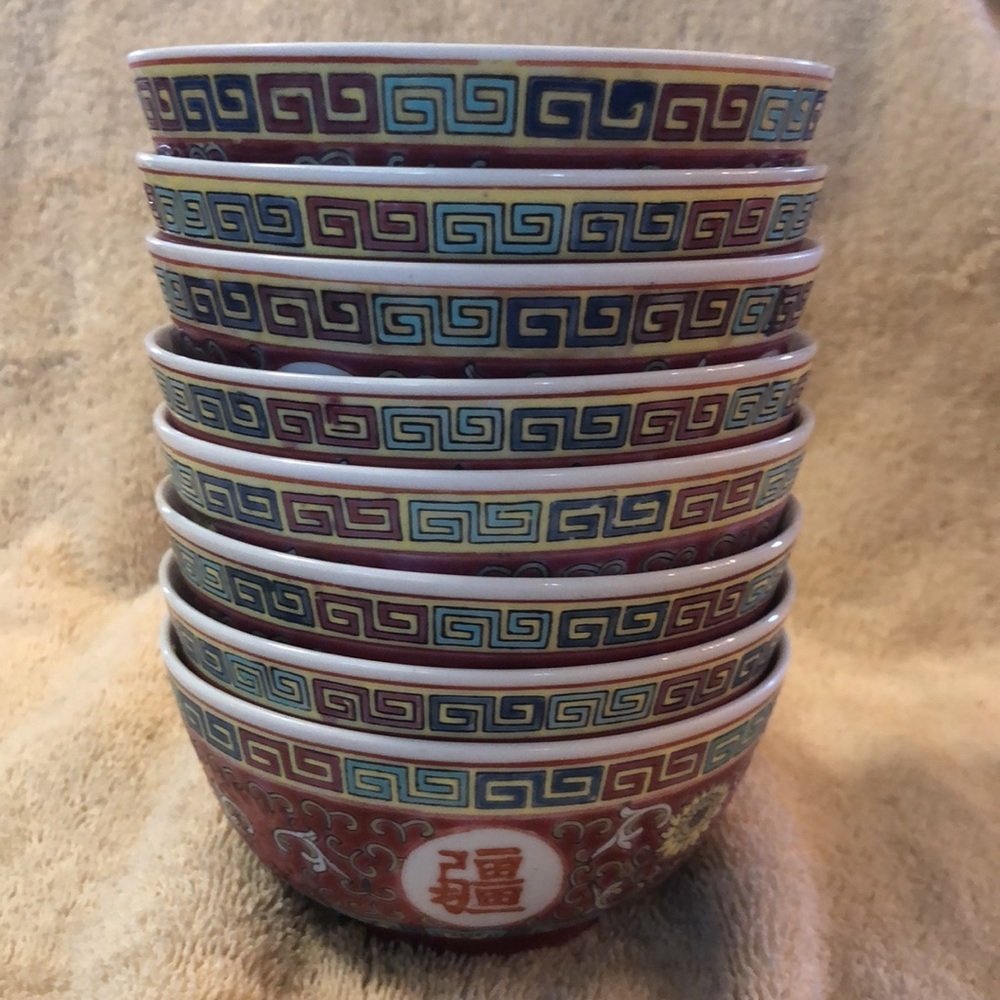 Vintage Chinoiserie Set of 8 Ceramic Small Tea Cups/Bowls Imported 2.5”x4.5”